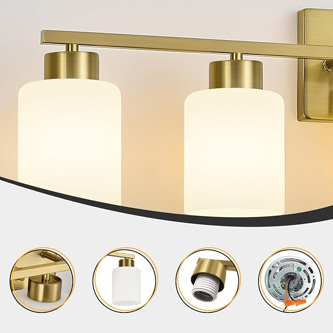 Brushed Gold Bathroom Light Fixtures, 5-Light Modern Vanity Light Over Mirror, Wall Sconces with Milky White Frosted Glass Shades, E26 Socket (Bulbs Not Included)