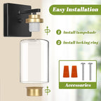 Set of 2 Wall Sconces for Bathroom, Modern Vanity Light Fixtures, Black and Gold Wall Mount Lighting Lanterns, Farmhouse Wall Lights with Clear Glass Shade for Bedroom Living Room Mirror Hallway