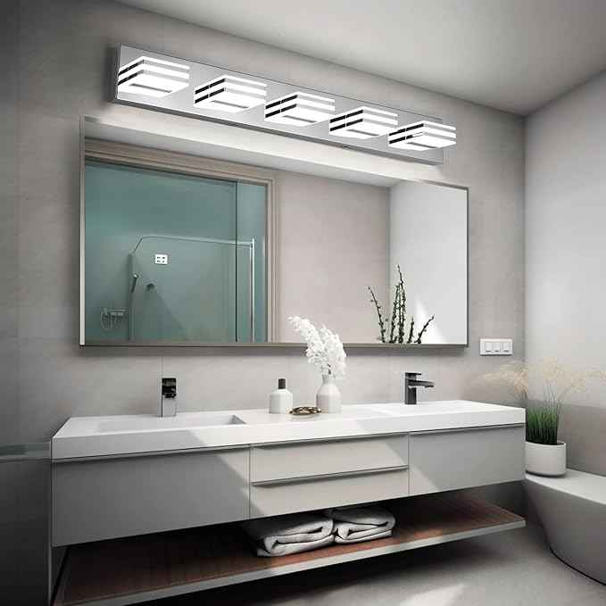 LED Vanity Lighting 30W Lights for Mirror 5 Light Bath Wall Lamps 34 Inch Bathroom Sink Lights over Vanity Modern Long Bath Lights Bars Chrome Wall Sconces Light for Bathroom Restroom 6000K