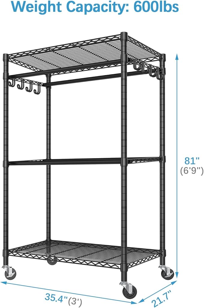 VIPEK R2 Pro Rolling Garment Rack 2-Sided Hanging Heavy Duty Clothes Racks with Wheels Adjustable Shelves Hanging Rods Metal Portable Closet Storage Freestanding Clothing Rack, Max load 600lbs, Black