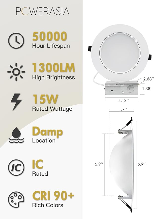 8 Pack 6 Inch Gimbal LED Recessed Lighting with Junction Box, 5CCT 2700K-6000K Selectable, 360°+90° Adjustable Directional Eyeball Light, 15W 1300LM Slim Canless Downlight - ETL and Energy Star