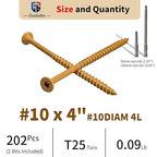 Wood Screws 4 Inch, 200 Pcs Construction Fence Screws, 10 x 4 Deck Exterior Screws for Wood, Rust Resistant, 2 Pcs T25 Star Bits Included, Yellow