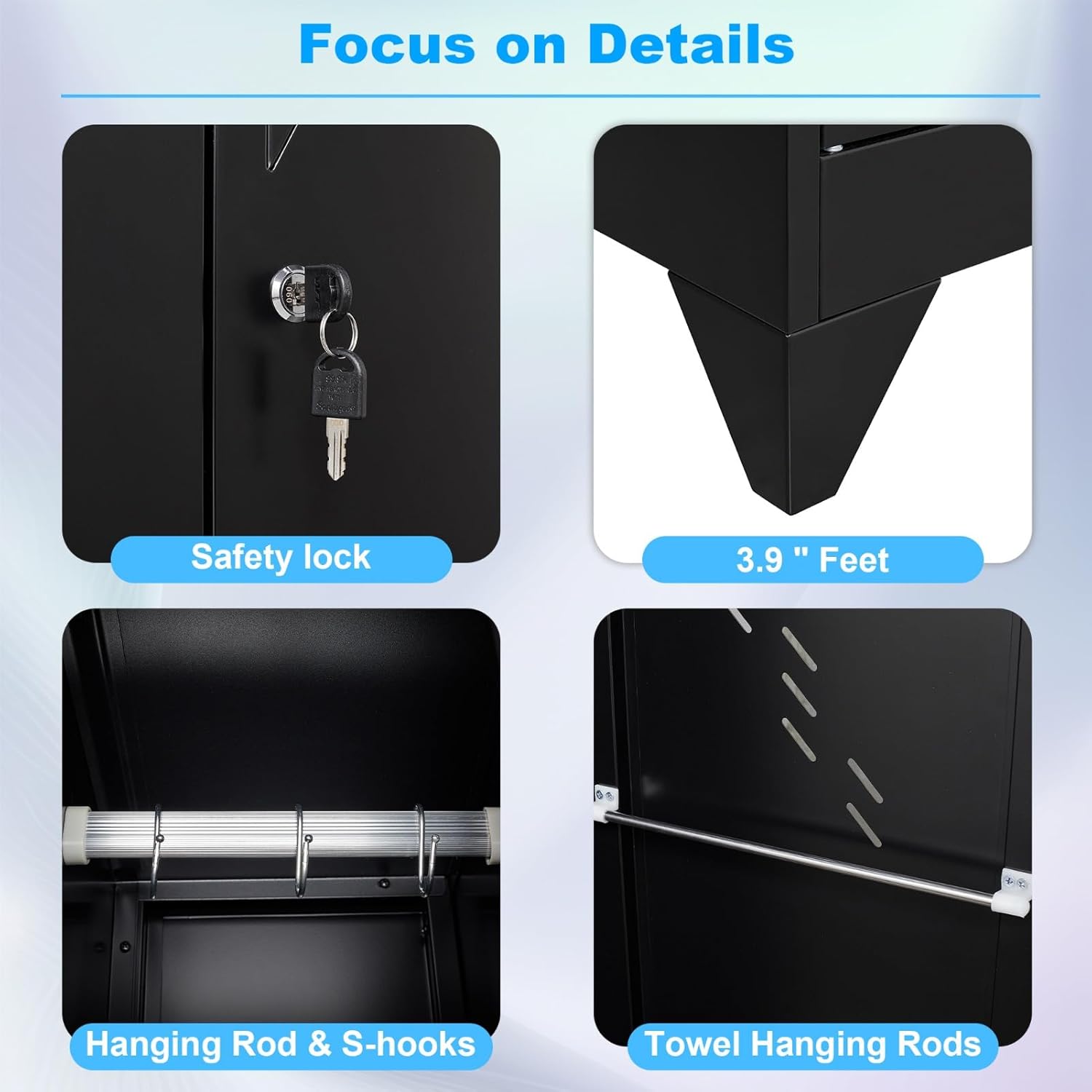 75" Metal Storage Cabinet, Tool Cabinets with Hooks, Garage Storage Cabinet with Lock, Heavy-Duty Tool Cabinet for Utility Room, Gym, Basement, Broom Closet Cabinet, Black