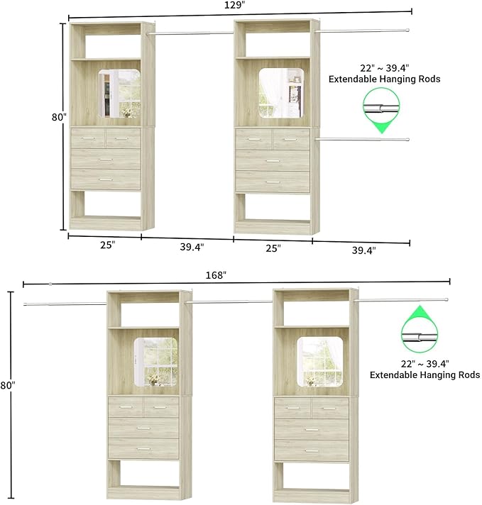 Unikito Closet System, 6-14FT Walk in Closet Organizer with 8 Drawers and Mirror, 168" Wood Closets Insert with Tower, Sturdy Wardrobe Closets Garment Rack with Extendable Hanging Rods, White Oak