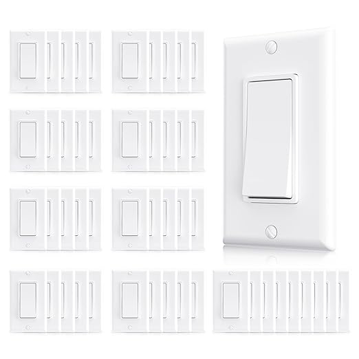 AIDA Single Pole Rocker Decora Light Switch, 15 Amp Self-grounding Electrical Light Switches, Residential Grade, UL Listed (50, Glossy White, Wall Plate Included)