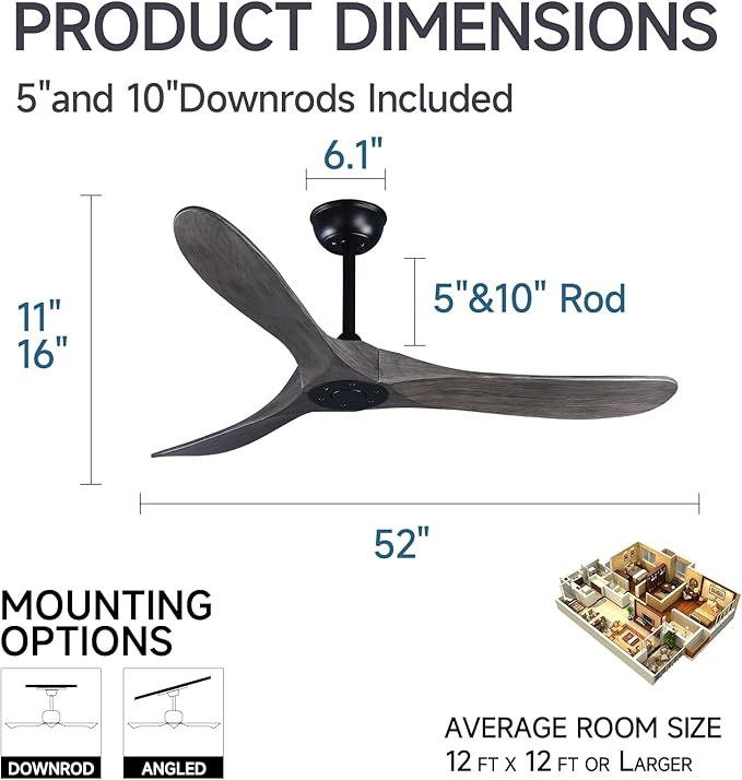 52" 3 Blade Ceiling Fan Without Light, Farmhouse Rustic Wooden Flush Mount Ceiling Fan no Light with Remote for Indoor/Outdoor - High End Silent Operation, Grey & Black, 52 Inch