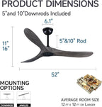 52" 3 Blade Ceiling Fan Without Light, Farmhouse Rustic Wooden Flush Mount Ceiling Fan no Light with Remote for Indoor/Outdoor - High End Silent Operation, Grey & Black, 52 Inch