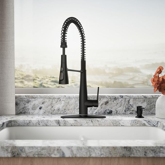 KOHLER K-REC22745-SD-BL Semi-Professional Kitchen Faucet with Soap Dispenser/Lotion Dispenser, Commercial Kitchen Sink Faucet with Pull-Down Sprayhead, Matte Black