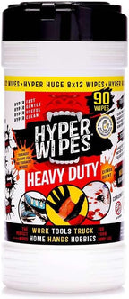 Hyper Wipes, 1 Pack Heavy Duty Hand & Tool Cleaning Wipes, 8"x12" Size Multi-Surface Cleaning Wipes, Degreasing, All Purpose Cleaner, Bathroom, Mechanic, Work Surface Wipes, 90 Count Canister