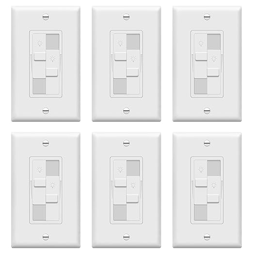TOPGREENER Kalide Dual Load Dimmer Light Switch, Double LED Dimmer Switch, Full Range Dimming,Single Pole, 200W LED/CFL, UL Listed,TGDDS-W-6PCS, White, 6 Pack