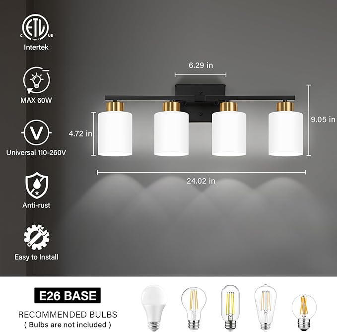 Black and Gold Bathroom Light Fixtures, 4-Light Modern Vanity Light Over Mirror, Wall Sconces with Milky White Frosted Glass Shades, E26 Socket (Bulbs Not Included)