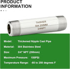 TAISHER 2PCS Stainless Steel Pipe Fittings, 3/4" NPT Male x 3/4" NPT Male Threaded, 8" Length Thickened Nipple Cast Pipe