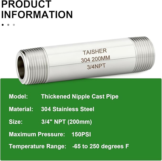 TAISHER 2PCS Stainless Steel Pipe Fittings, 3/4" NPT Male x 3/4" NPT Male Threaded, 8" Length Thickened Nipple Cast Pipe