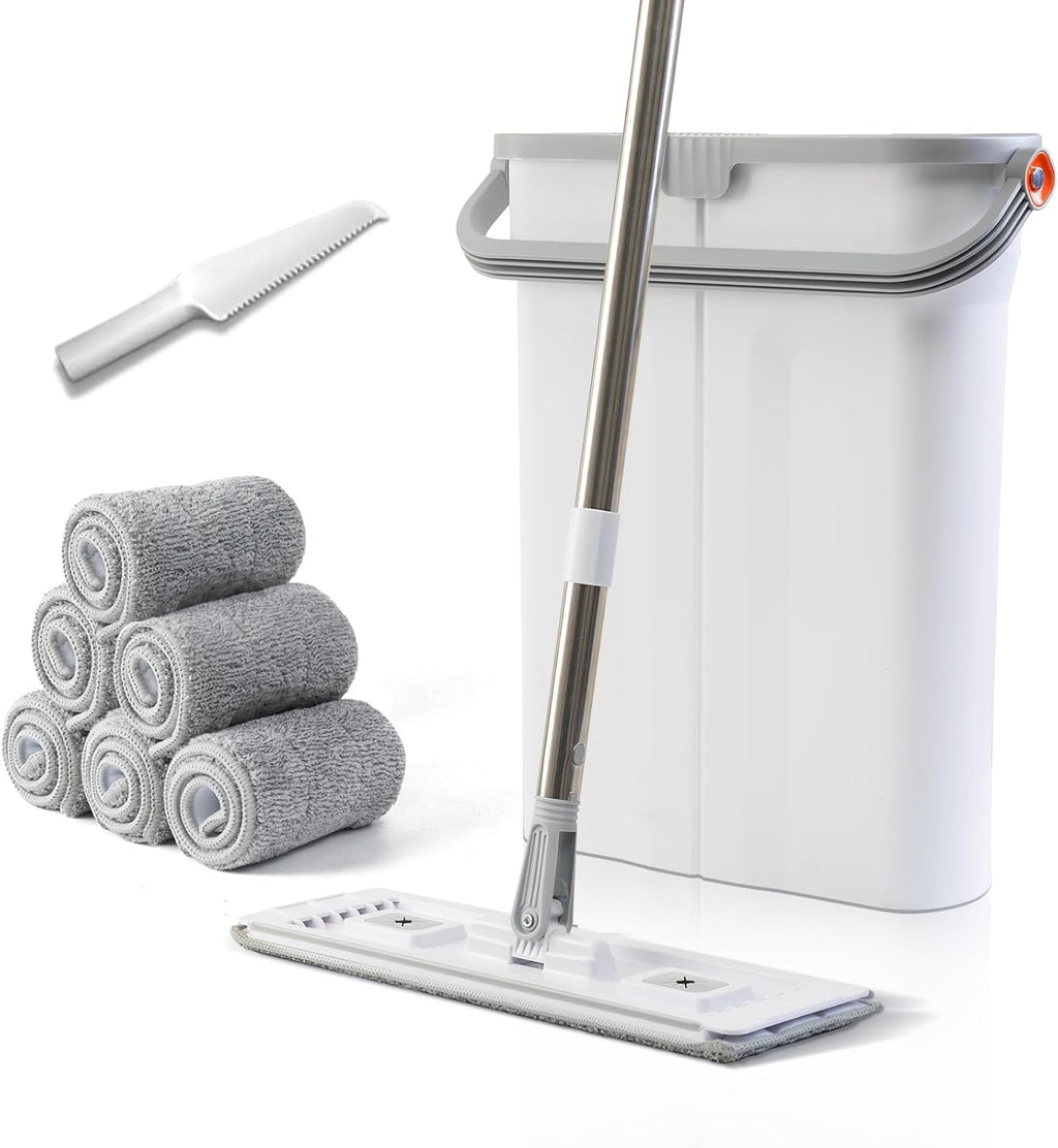 Mop and Bucket Set with Wringer Flat Mop Bucket System for Home Floor Cleaning,6 Reusable Microfiber Pads,Extended Stainless Steel Handle,Ideal for Hardwood,Wood,Laminate Floors,and Bathroom Mop