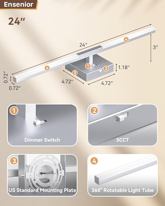 Ensenior Modern Vanity Light 24 Inch, Built-in Dimmer, 14W Dimmable 5CCT LED Light Fixture Over Mirror, Matte Grey Bar for Bathroom Mirror Cabinets Bedroom-FCC Certificated