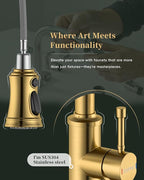 DAYONE Antique Brushed Gold Kitchen Sink Faucet with Pull Down Sprayer, 3 Modes Stainless Steel Spring Vintage Sink Faucet for Farmhouse Kitchen Bar Camper 1 or 3 Holes Single Handle