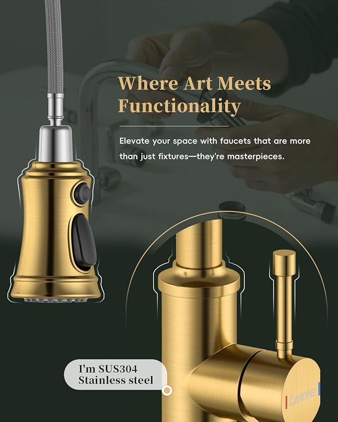 DAYONE Antique Brushed Gold Kitchen Sink Faucet with Pull Down Sprayer, 3 Modes Stainless Steel Spring Vintage Sink Faucet for Farmhouse Kitchen Bar Camper 1 or 3 Holes Single Handle