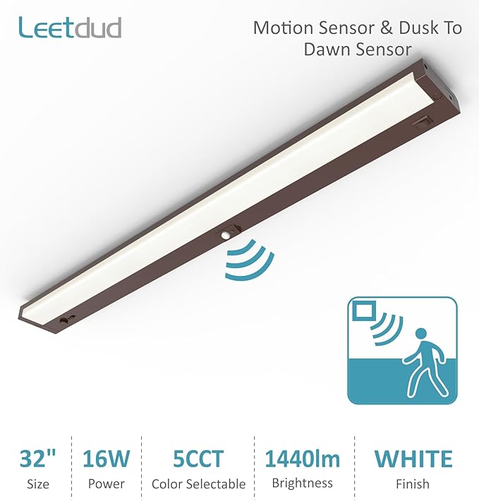 LED Under Cabinet Lighting Motion Sensored Hardwired with Built-in Dimmer, 32 Inch 16W Dimmable 5 Color 2700/3000/3500/4000/5000K, Linkable Eyes Care for Kitchen, Counter, ETL Listed, Bronze