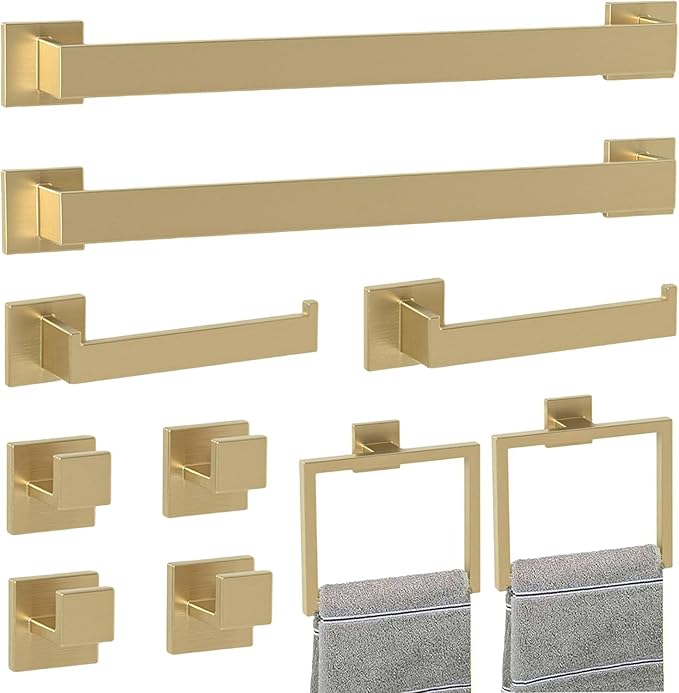 Bathroom Accessory Towel Bar Set: 10 Pieces Gold Square Bathroom Hardware SUS304 Stainless Steel - 24 Inch Wall Mounted Towel Rack&Toilet Paper Holder&Towel Ring and Towel Hook