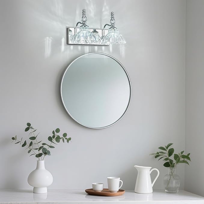 Vintage Bathroom Vanity Light, 2-Light Chrome Vanity Lighting Fixture with Flower Glass Shade, Bathroom Lighting Fixtures Over Mirror