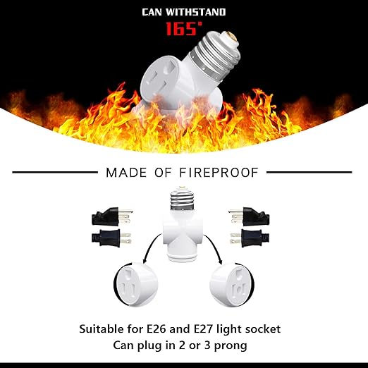 Light Socket Adapter, Convert E26 Light Socket to 3-Prong Outlet Adapter and Light Bulb Socket, 1 Pack(White)
