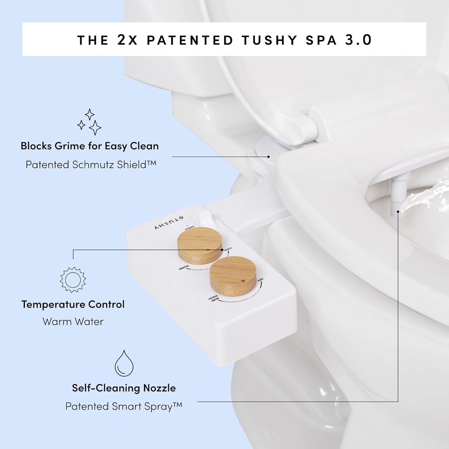 TUSHY 3.0 Spa Cool to Warm Water Bidet Attachment. Easy Universal Toilet Seat Install, Requires Sink Connection for Temperature Control. Fresh Self Cleaning Clean Water (Pink/Bamboo)