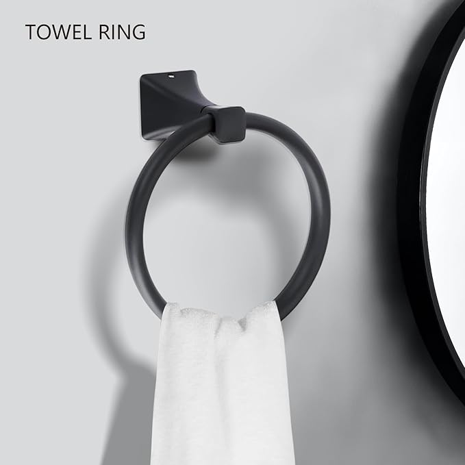 Matte Black Bathroom Hardware Set 5-Pieces, SUS304 Stainless Steel Bath Towel Bar Set Wall Mounted, Including Hand Towel Bar,Towel Ring, Toilet Paper Holder, 2Pcs Robe Towel Hook