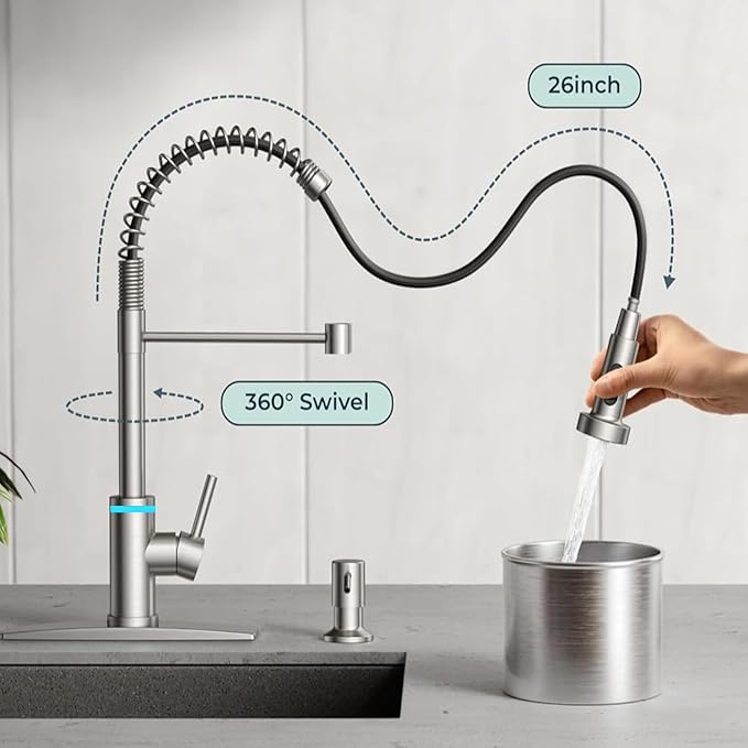 Smart Kitchen Faucet, 3 Modes Pull Down Sprayer, LED Temperature Control, Ceramic Valve, 360-Degree Rotation, 1 or 3 Hole Deck Plate. 10-Year Warranty. (KW-56SN, Brushed Nickel)