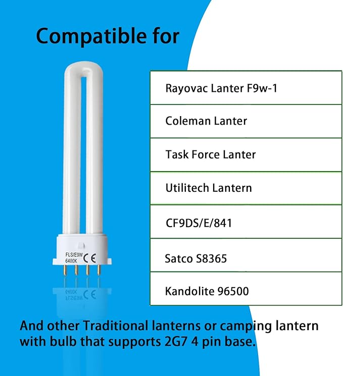 (2PACK FLS/E9W Fluorescent Bulb,Replacement for Camping Lantern Bulb,4 Pin 2G7 Base,5.5 inch Special Size,6400K
