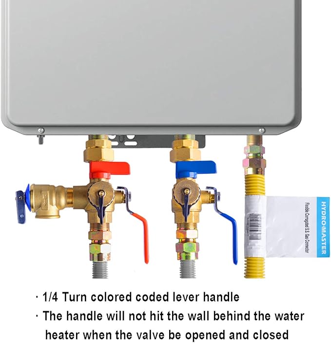 HYDRO MASTER Tankless Water Heater Service Valve Kit with Pressure Relief Valve 3/4-Inch IPS Isolator Clean Brass