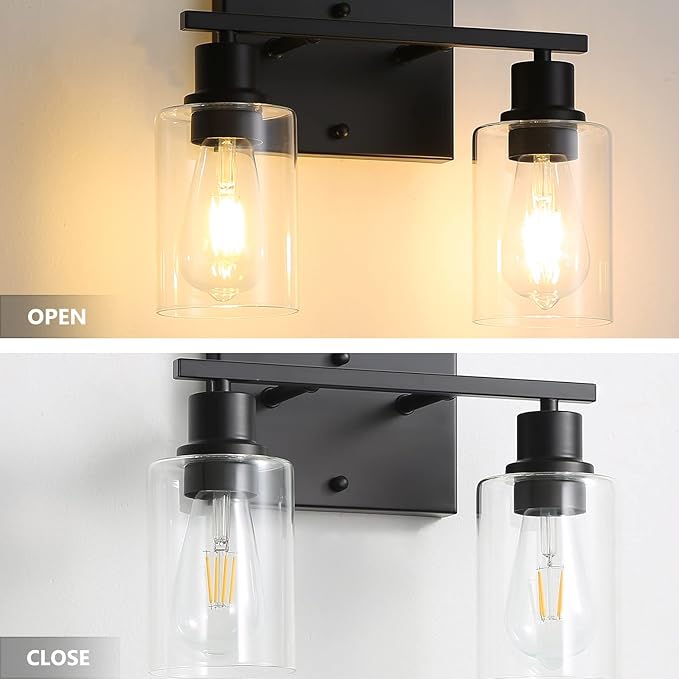 EMONG 2-Lights Bathroom Light Fixtures, Matte Black Vanity Light with Glass Shade, Modern Wall Sconces Lighting for Bathroom,Mirror,Farmhouse,Hallway