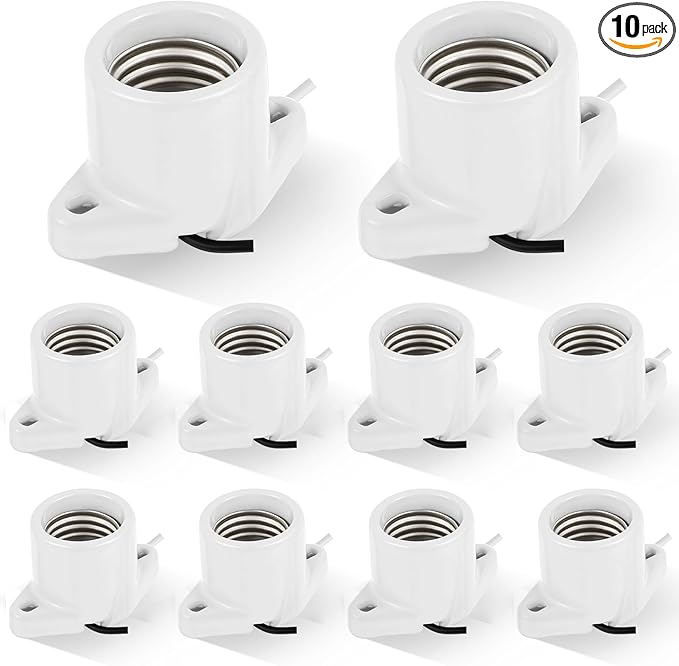 10 Pcs E26 Light Socket Porcelain Lamp Holder Socket Medium Keyless Threaded Base with Two Hole Flange Mounting and 6" Wire Indoor Garage Closet Lighting