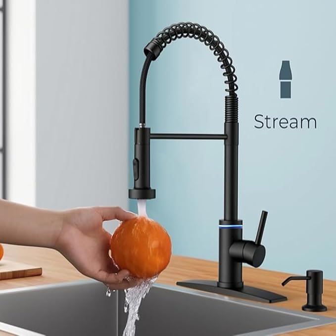 Smart Touch On Kitchen Faucet, 3 Modes Pull Down Sprayer, Touch On Sensor Activated, LED Temperature Control, 360-Degree Rotation, 1 or 3 Hole Deck Plate. 10-Year Warranty. (KW-66R, Matt Black)