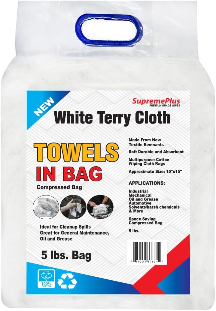 Premium White Terry Cloth Rags (600 lbs. Pallet 120x5 Bag) Super Absorbent Cotton Towel Cleaning Rags for Garage, Industrial Use & Housekeeping