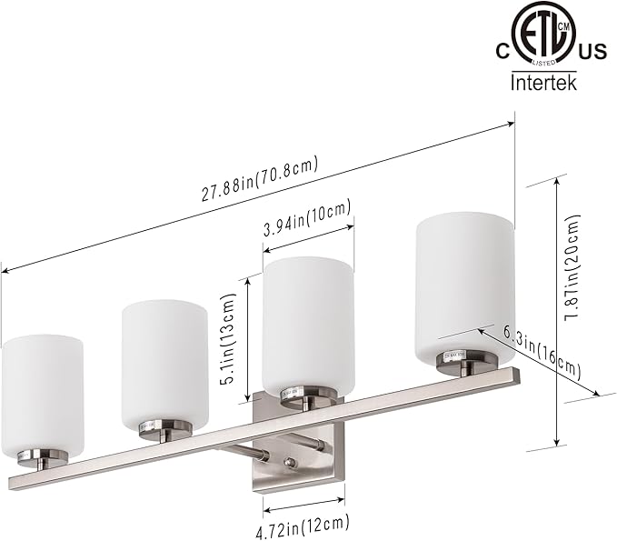 mirrea 28in 4-Light Modern Bathroom Vanity Light with Etched White Glass Shades Brushed Nickel Finished Light Fixture
