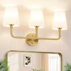 Bathroom Light Fixtures, 3-Light Brushed Gold Vanity Lights, Bathroom Lighting Fixtures Over Mirror with Flared White Fabric Shade, Modern Wall Sconces for Living Room Hallway