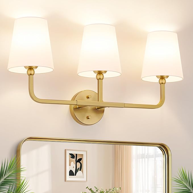 Bathroom Light Fixtures, 3-Light Brushed Gold Vanity Lights, Bathroom Lighting Fixtures Over Mirror with Flared White Fabric Shade, Modern Wall Sconces for Living Room Hallway