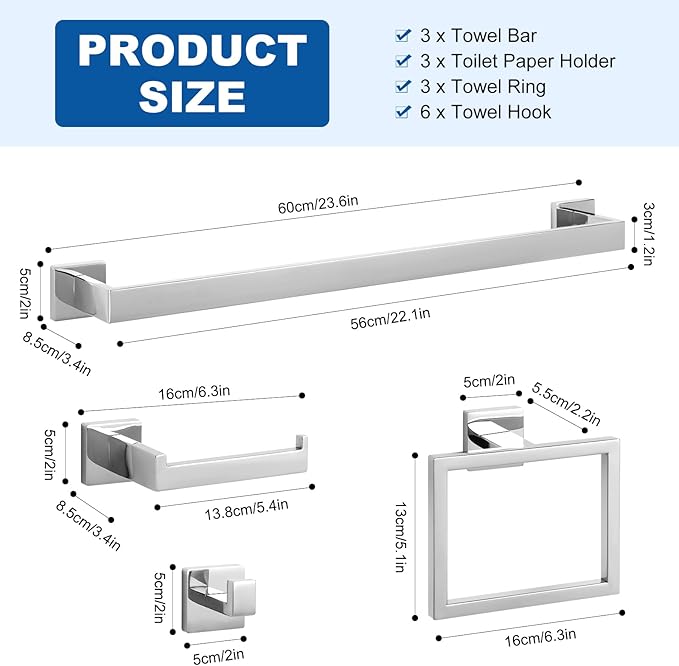 Cilee 15-Pieces Bathroom Hardware Set - Polished Chrome Bathroom Accessories, 24 Inch Towel Bar, Square Towel Ring, Toilet Paper Holder, Towel Hook, Wall-Mounted Stainless Steel Towel Bar Rack Set