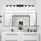 8-Light Bathroom Light Fixtures Over Mirror, 52inch Modern Matte Black Vanity Lights with White Frosted Glass Shade, Bathroom Wall Lamp Sconces for Mirror Bedroom, Living Room Hallway