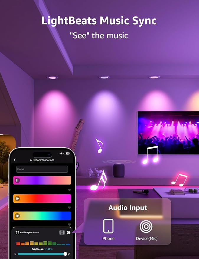 Lepro R2 AI 6 inch LED Recessed Light - Personalized AI Lighting Designer, Dimmable Wafer Lights RGBCW Sync with Music, Smart Canless Downlights Work Alexa & Google Assistant, 12W 1050 Lumen, 2-Pack