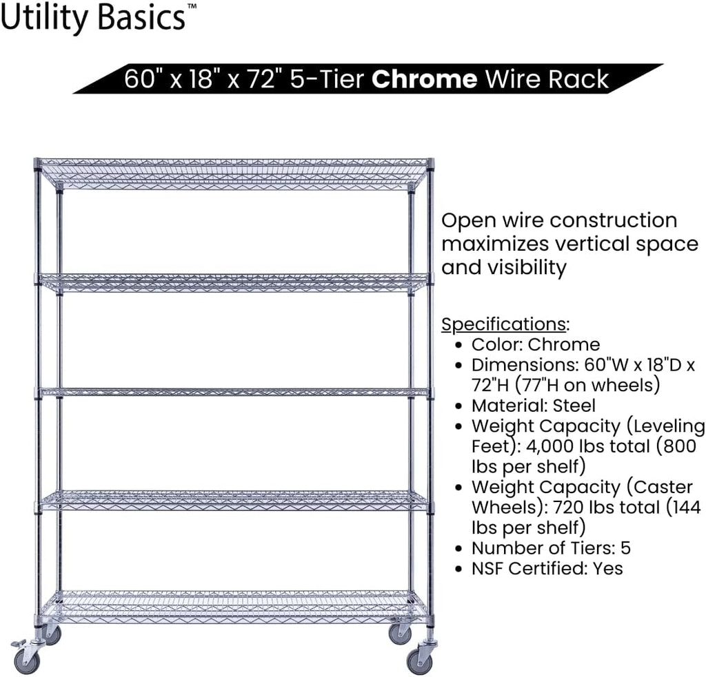 60"x18"x72" Chrome 5-Tier PREMIUM Wire Shelving NSF 4000 LBS MAX CAPACITY Heavy Duty Steel Storage Rack for Warehouses, Garages, Hospitals, Commercial Spaces, & Schools w/PREMIUM WHEELS