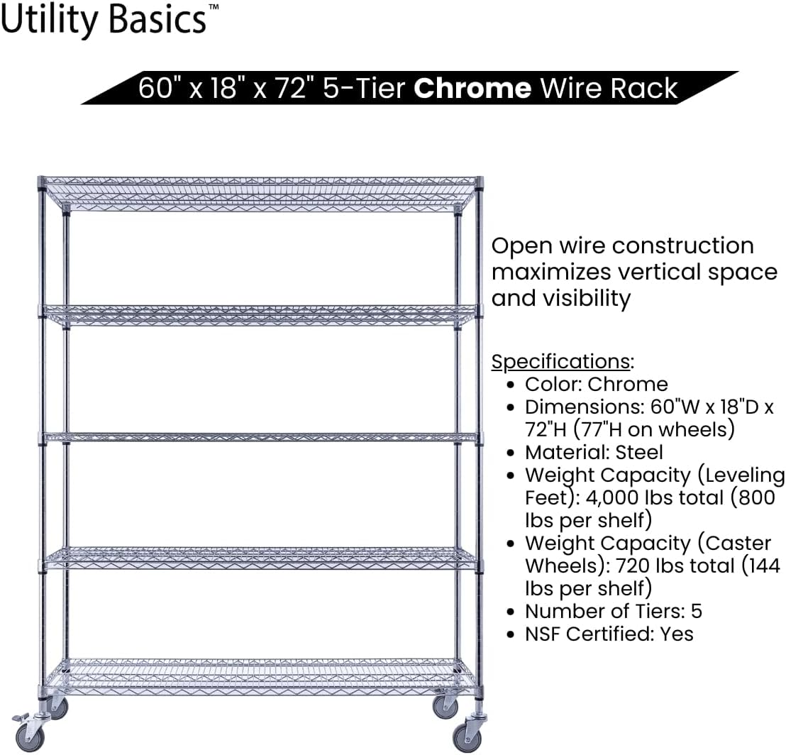 60"x18"x72" Chrome 5-Tier PREMIUM Wire Shelving NSF 4000 LBS MAX CAPACITY Heavy Duty Steel Storage Rack for Warehouses, Garages, Hospitals, Commercial Spaces, & Schools w/PREMIUM WHEELS