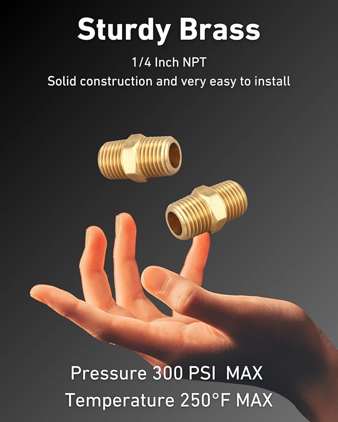1/4 Inch NPT x 1/4 Inch NPT Male Thread Solid Brass Hex Nipples, Pipe Fitting and Air Hose Fittings, Thread 1/2" OD to 1/2" OD, (10 Piece)