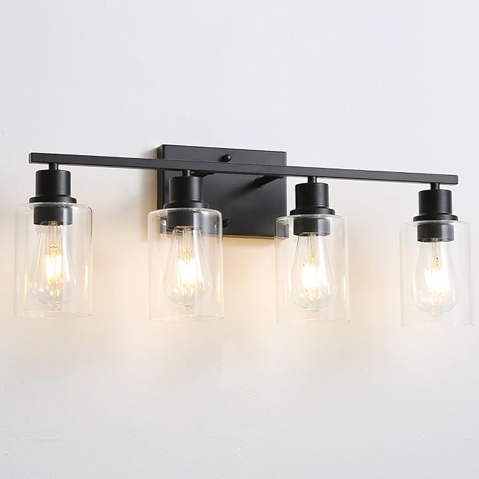 EMONG 4 Light Bathroom Vanity Light, Matte Black Bathroom Light Fixtures with Glass Shade, Modern Wall Sconces Lighting for Bathroom,Mirror,Farmhouse,Hallway