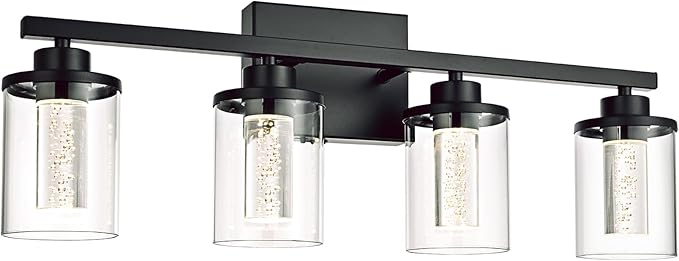 4-Light Bathroom Light Fixtures Over Mirror,Black Led Vanity Lighting Fixtures with 5CCT Dimmable LEDs,Clear Glass Shades &Wall Sconces Lighting Design for Bedroom,Livingroom