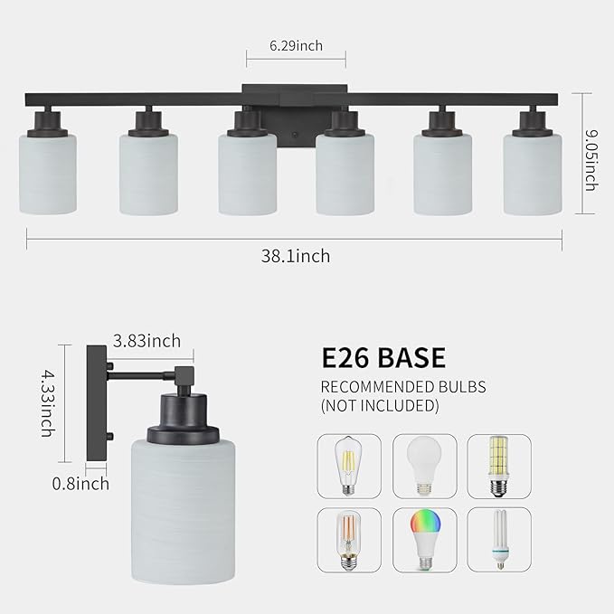6-Light Black Vanity Lights, 38'' Modern Bathroom Vanity Lighting Fixtures for Mirror, Matte Bathroom Lighting Fixtures, Black Wall Sconces for Bedroom Living Room