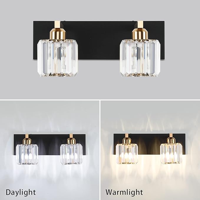 Aipsun Vanity Lighting Fixtures for Bathroom Matte Black Vanity Lights Fixtures Crystal 2 Lights Wall Light Fixture Over Mirror(Exclude Bulb)