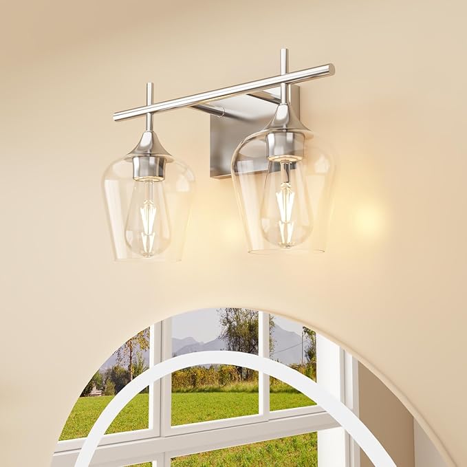 Vanity Bathroom Light, 2-Light Bathroom Light Fixtures Over Mirror, Silver Vanity Lights for Bathroom with Clear Glass, Modern Wall Lamp for Cabinet Hallway, Bedroom