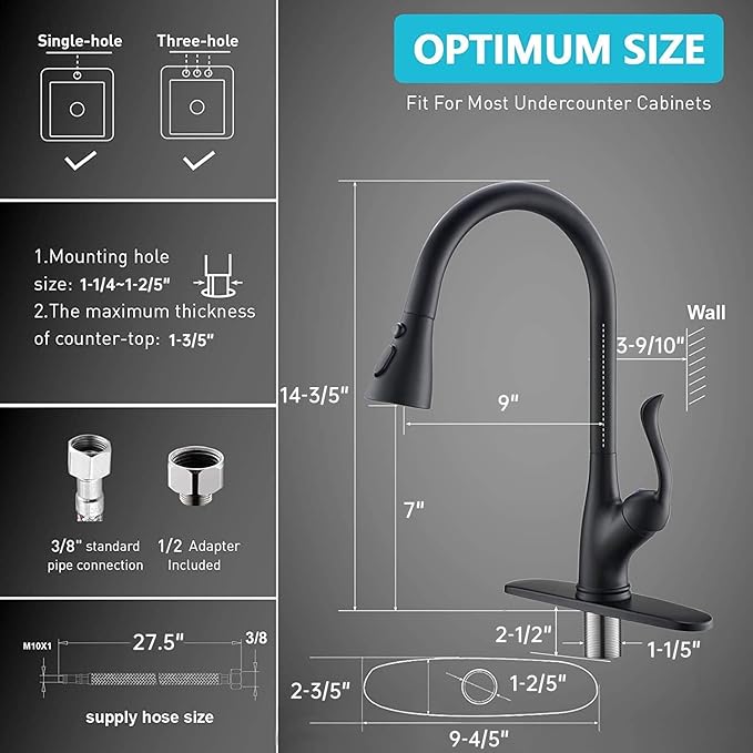 APPASO Matte Black Kitchen Faucet with Pull Down Sprayer and Soap Dispenser, Single Handle Commercial High Arc One Hole Pull Out Spray Head Kitchen Sink Faucets