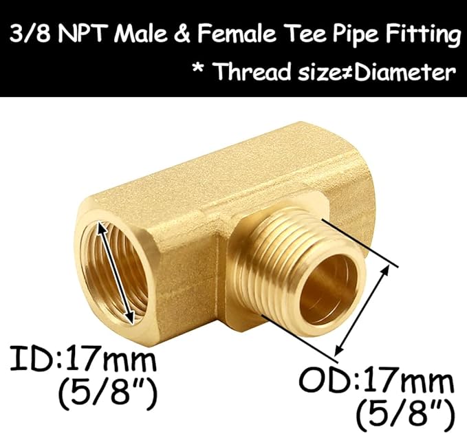 2PCS 3/8 Inch Brass Tee Pipe Fitting 3/8" NPT Female x 3/8" NPT Male x 3/8" NPT Female for Water/Oil/Gas